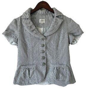 Cleo Petite Striped Short Sleeve Lined Blazer with Ruffle Detail